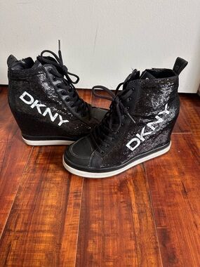 DKNY Black Sequin Lace-Up Wedge Sneakers
